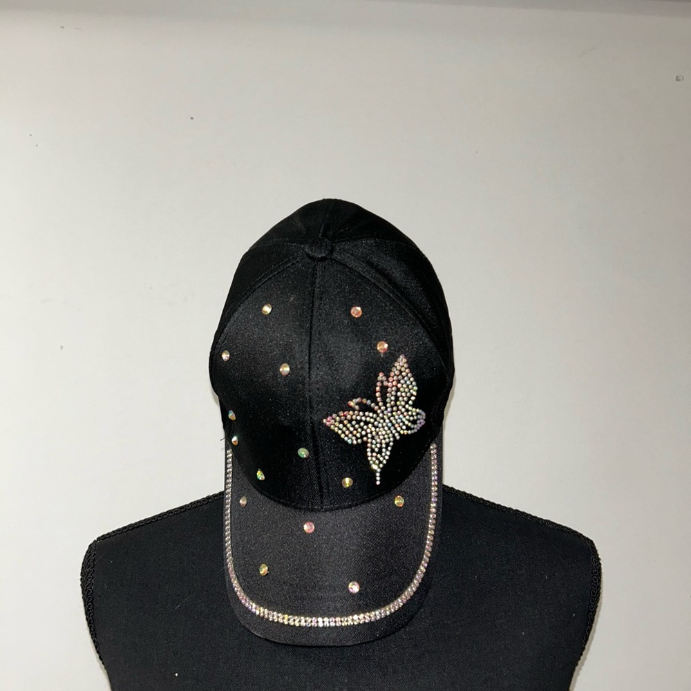Black denim vintage baseball cap with rhinestones and butterfly design